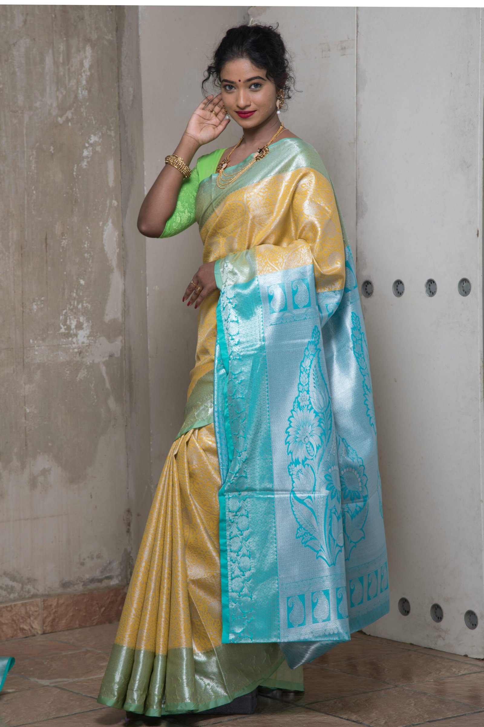 Beautiful woman wearing a traditional saree indoors, showcasing elegance and style.